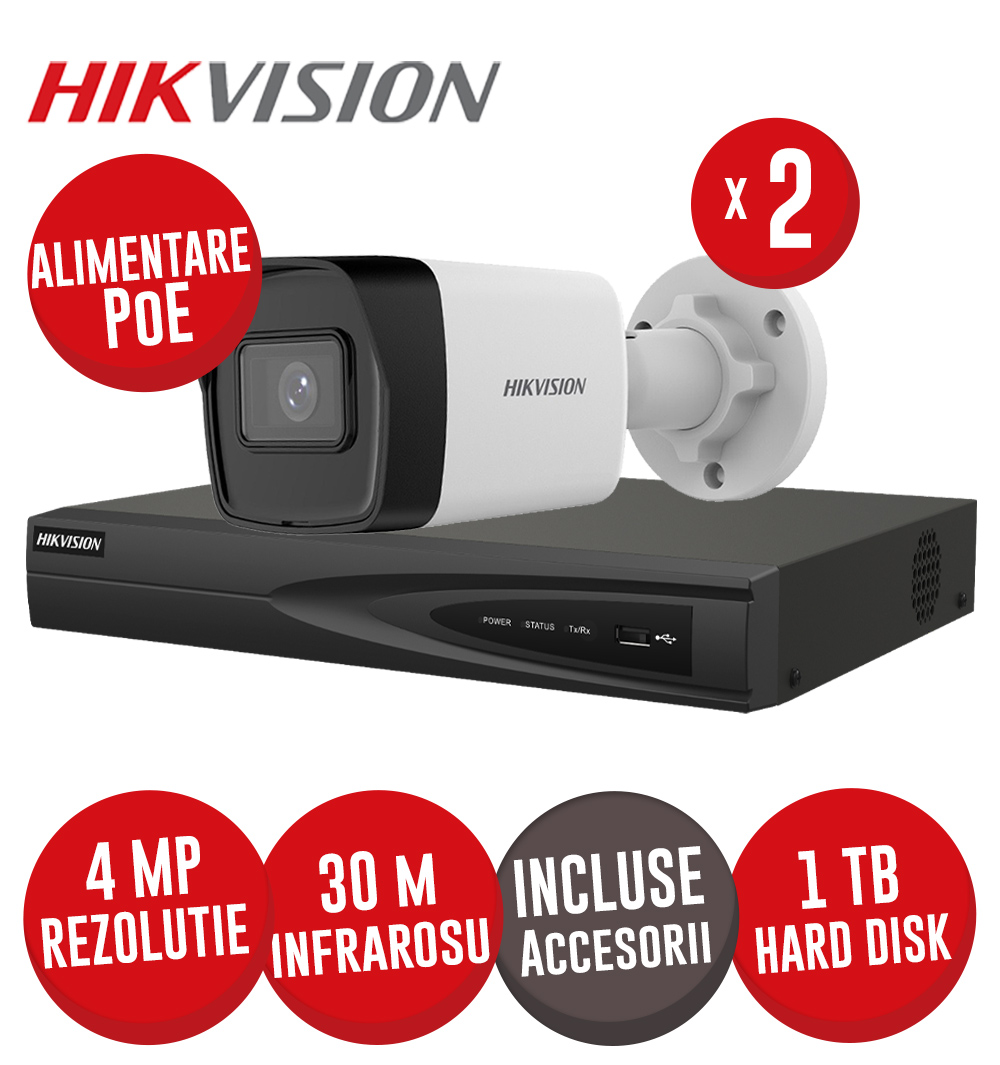 Sistem NVR 4ch 8MP, 4xPoE, 2 camere IP 4MP, IR 30m, PoE, Microfon, HDD si accesorii - KIT762