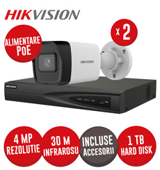 Sistem NVR 4 canale 8MP, 4xPoE, 2 camere IP 4MP, IR 30m, PoE, HDD si accesorii - KIT755