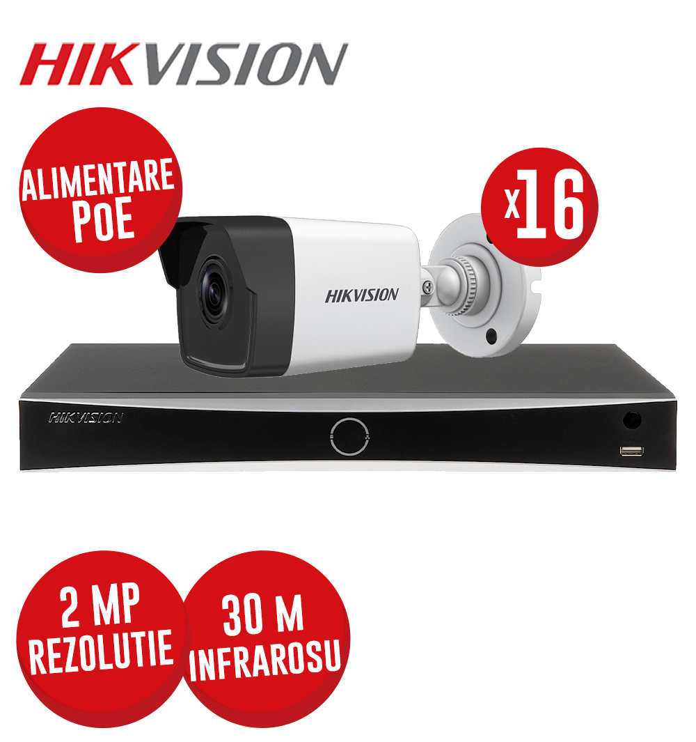 Kit NVR 16ch 12MP, 16xPoE si 16 camere IP 2MP, IR 30m, PoE - KIT774