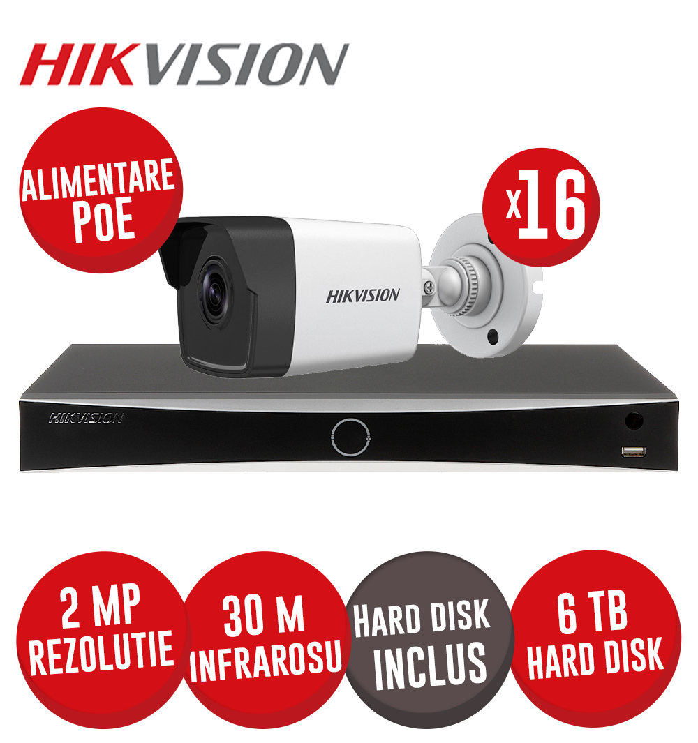 Kit NVR 16ch 12MP, 16xPoE, 16 camere IP 2MP, IR 30m, PoE si HDD - KIT775