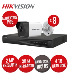 Kit NVR 8ch 8MP, 8xPoE, 8 camere IP 2MP, IR 30m, PoE si HDD - KIT776