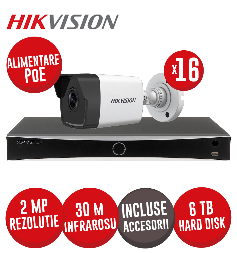 Sistem NVR 16ch 12MP, 16xPoE, 16 camere IP 2MP, IR 30m, PoE, HDD si accesorii - KIT782