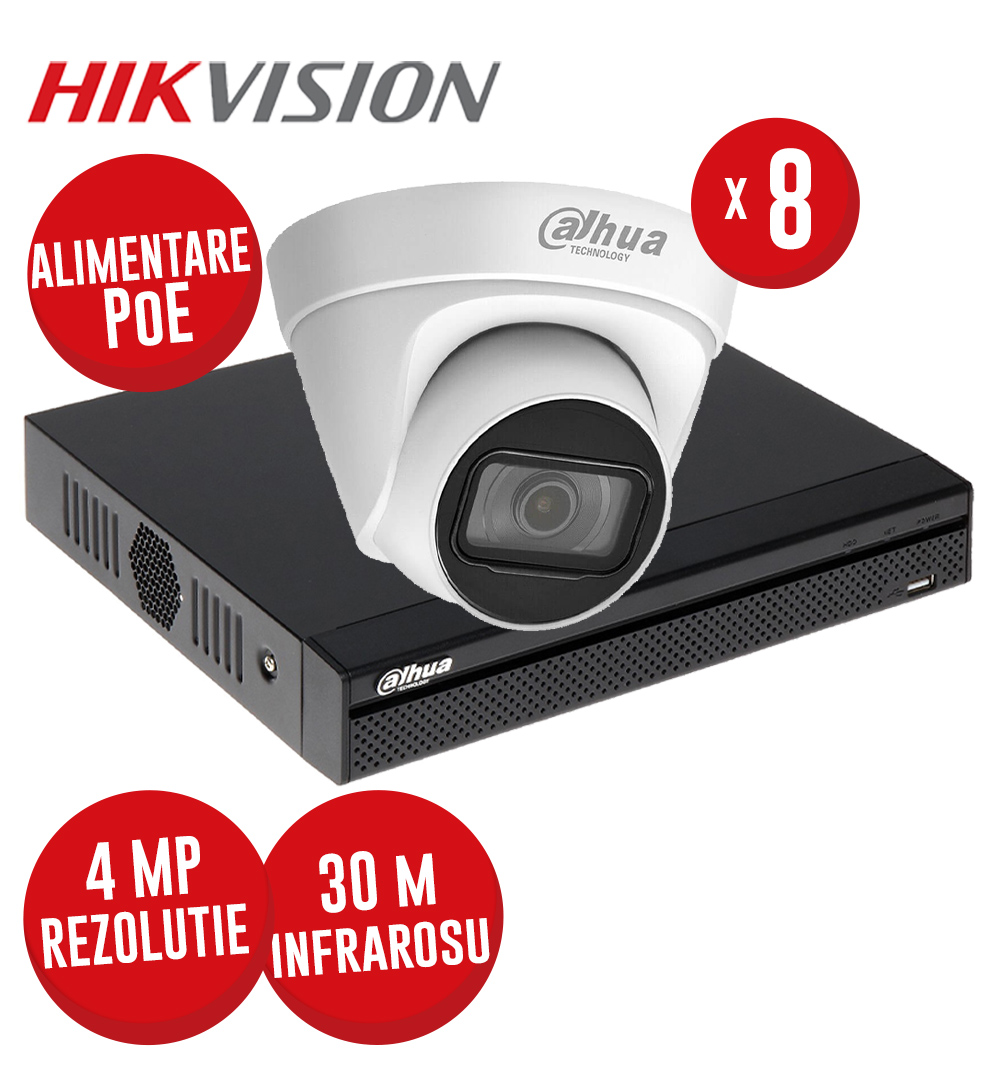 Kit NVR 8ch 8MP, 8xPoE si 8 camere IP 4MP, IR 30m, PoE - KIT848