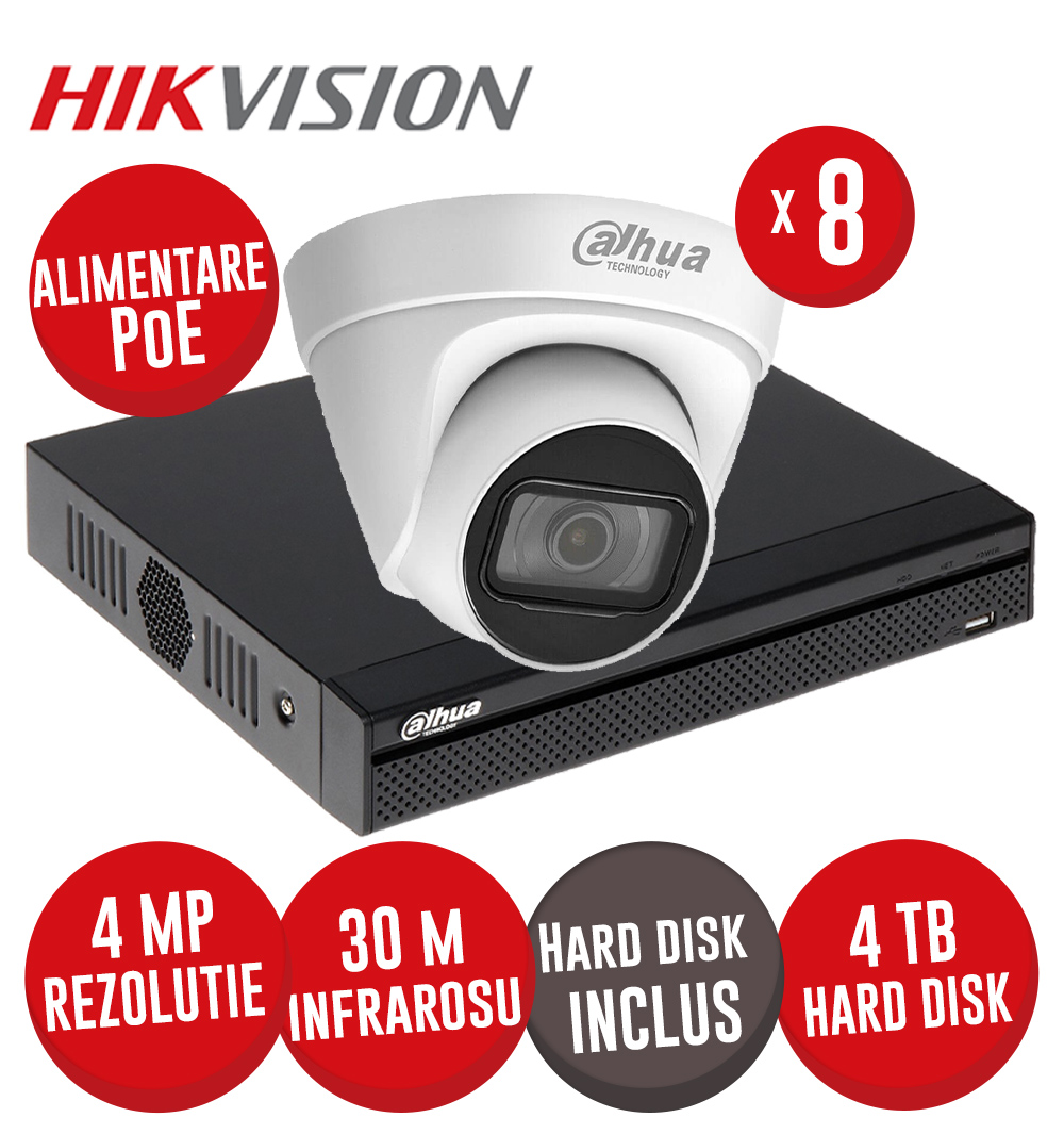 Kit NVR 8ch 8MP, 8xPoE, 8 camere IP 4MP, IR 30m, PoE si HDD - KIT849