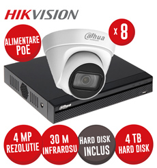 Kit NVR 8ch 8MP, 8xPoE, 8 camere IP 4MP, IR 30m, PoE si HDD - KIT849