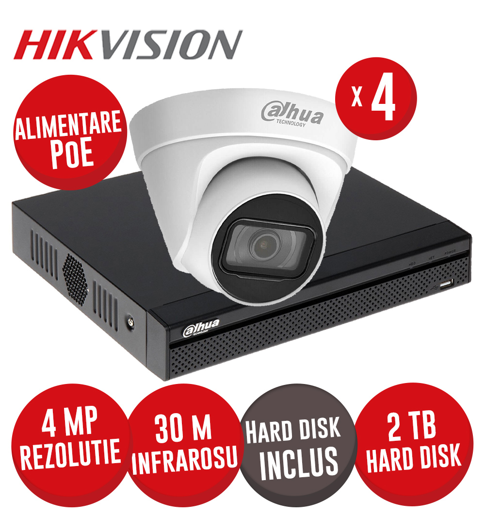 Kit NVR 4ch 8MP, 4xPoE, 4 camere IP 4MP, IR 30m, PoE si HDD - KIT850