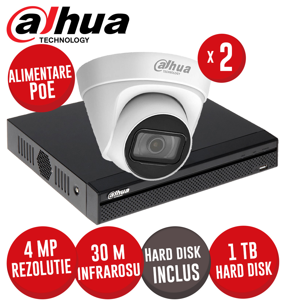 Kit NVR 4ch 8MP, 4xPoE, 2 camere IP 4MP, IR 30m, PoE si HDD - KIT851