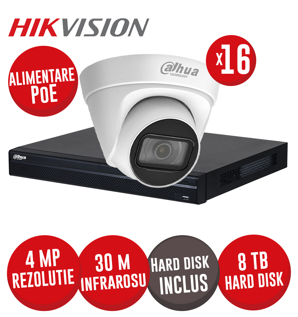 Kit NVR 16ch 8MP, 16xPoE, 16 camere IP 4MP, IR 30m, PoE si HDD - KIT856