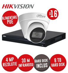 Kit NVR 16ch 8MP, 16xPoE, 16 camere IP 4MP, IR 30m, PoE si HDD - KIT856