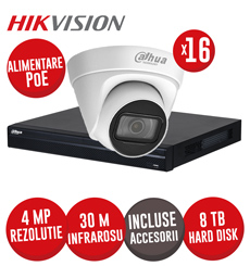 Sistem NVR 16ch 8MP, 16xPoE, 16 camere IP 4MP, IR 30m, PoE, HDD si accesorii - KIT857