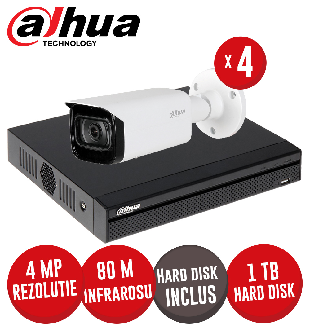 Kit NVR 4ch 8MP, 4xPoE, 4 camere IP 4MP, IR 80m, PoE si HDD - KIT912