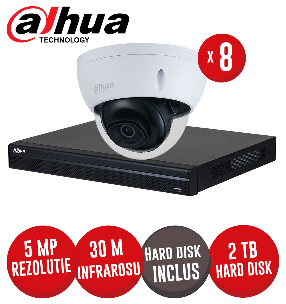 Kit NVR 8ch 8MP, 8xPoE si 8 camere IP 5MP, IR 30m, PoE si HDD - KIT923