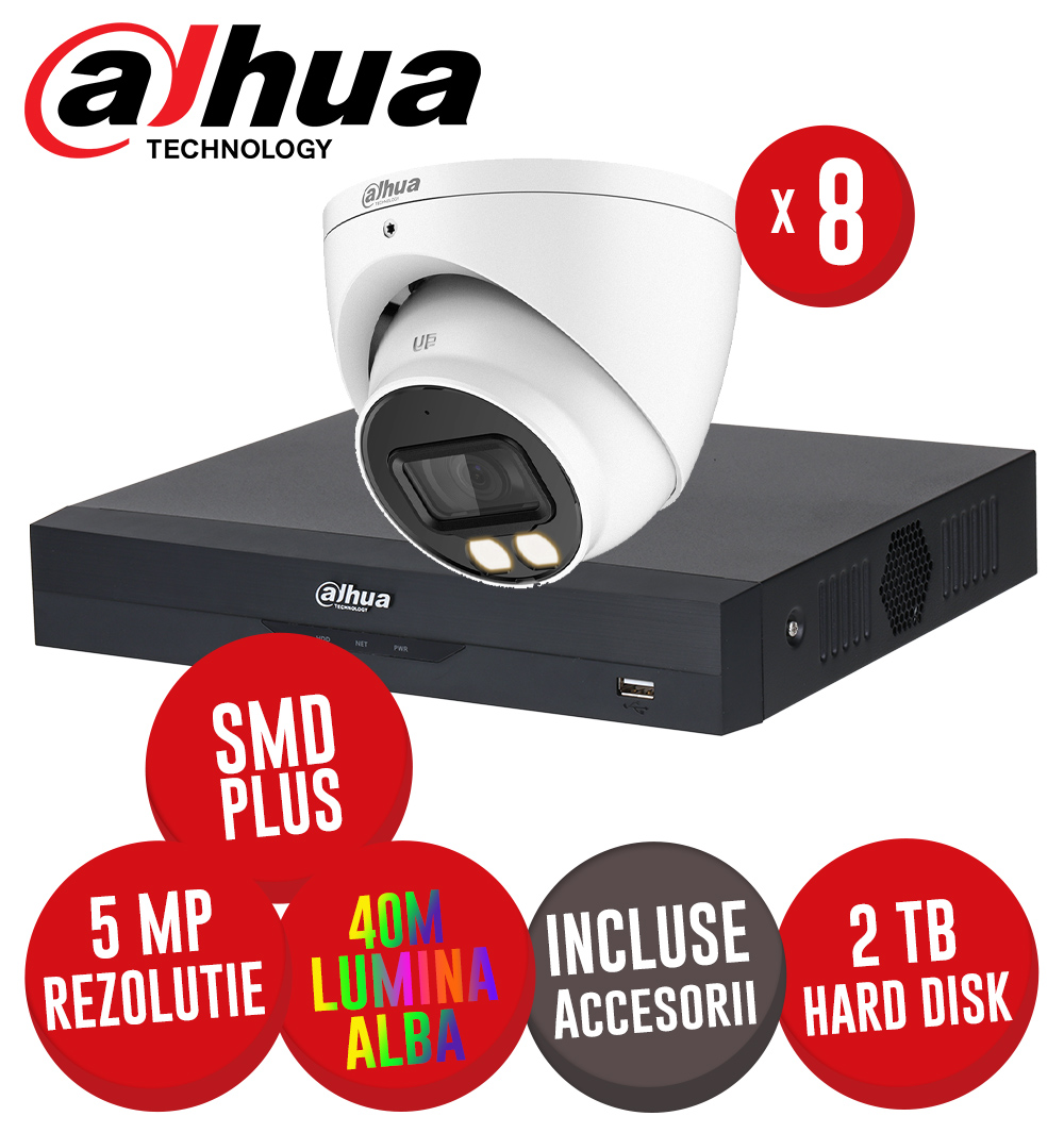 Sistem DVR 8ch. 8MP, 8 camere 5MP LED 40m microfon, HDD si accesorii - KIT937