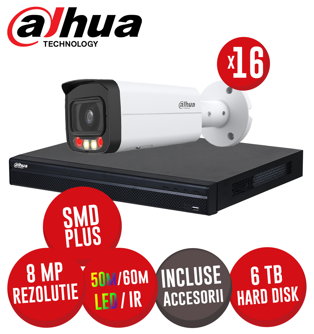 Sistem NVR 16ch 8MP, 16xPoE si 16 camere IP 8MP, LED 50m IR 60m, PoE, HDD si accesorii - KIT950