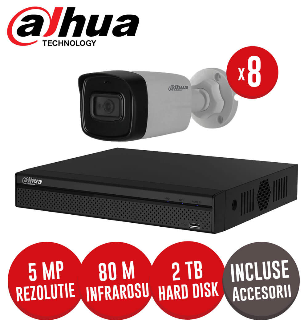 Sistem complet DVR 8 canale, 8 camere 5 MP Dahua, exterior, accesorii, SMD+, cablu UTP - KIT369