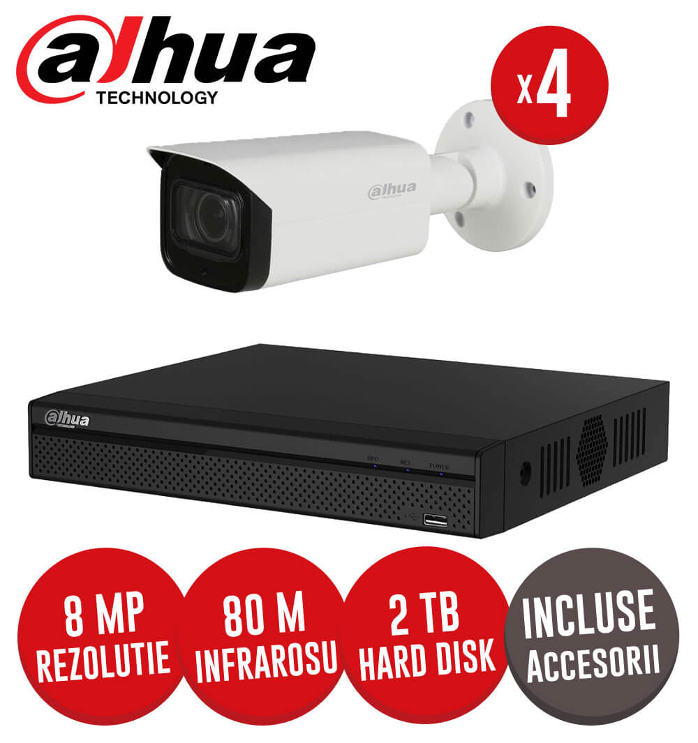Sistem complet DVR 4 canale, 4 camere 8MP Dahua, Starlight, incluse accesorii, cablu, HDD -  KIT154
