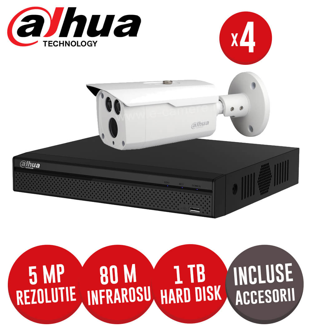 Sistem complet DVR 4 canale, 4 camere 5MP, IR 80 metri, HDD 1TB + accesorii -  KIT124