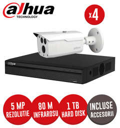 Sistem complet DVR 4 canale, 4 camere 5MP, IR 80 metri, HDD 1TB + accesorii -  KIT124