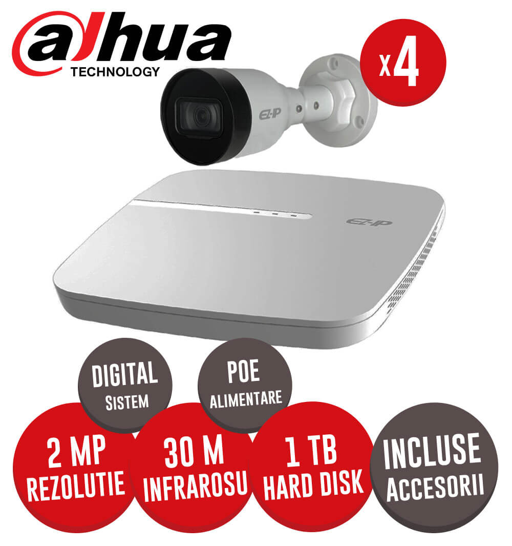 KIT Dahua - NVR, HDD 1TB, 4 camere IP 2MP, Cablu  - Conectare directa prin POE -  KIT155