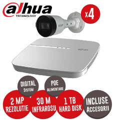 KIT Dahua - NVR, HDD 1TB, 4 camere IP 2MP, Cablu  - Conectare directa prin POE -  KIT155