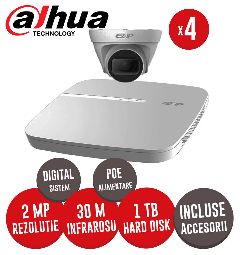 KIT Dahua - NVR, HDD 1TB, 4 camere IP 2MP, Cablu - Conectare directa prin POE -  KIT156