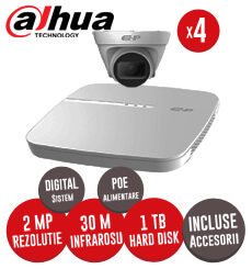 KIT Dahua - NVR, HDD 1TB, 4 camere IP 2MP, Cablu - Conectare directa prin POE -  KIT156