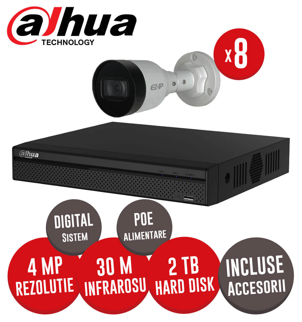Sistem complet NVR 8 canale, 8 camere 4 MP, IR 30m, exterior, incluse accesorii -  KIT153