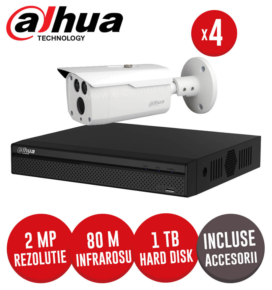 Sistem complet 4 camere 8MP exterior, Infrarosu 80m, DVR 4 canale, HDD 1TB, Accesorii -  KIT168