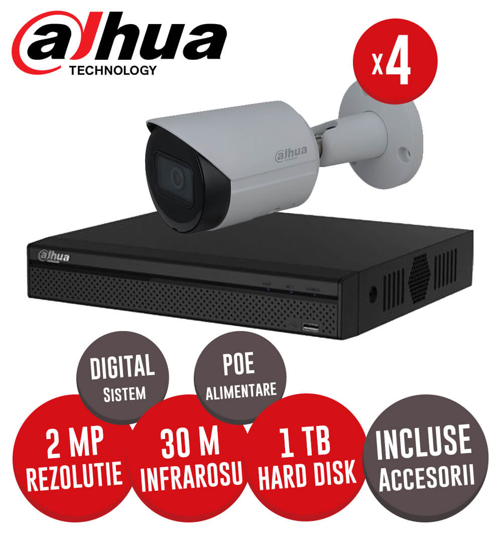 Sistem complet interior / exterior, 4 camere 2MP, Infrarosu 30m, NVR 4 canale, HDD 1TB  -  KIT173