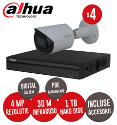 Sistem complet interior / exterior, 4 camere 4MP, Infrarosu 30m, NVR 4 canale, HDD 1TB -  KIT174