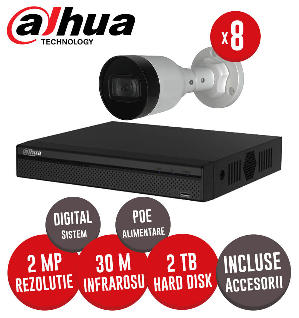 Sistem complet NVR 8 canale POE, 8 camere IP 2 Megapixeli, HDD, accesorii, cablu -  KIT175