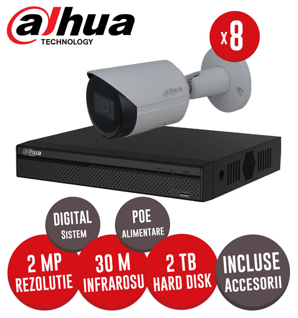Sistem complet interior / exterior, 8 camere 2MP, Infrarosu 30m, NVR 8 canale, HDD 2TB -  KIT176