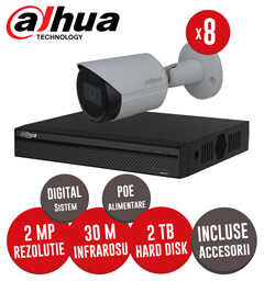 Sistem complet interior / exterior, 8 camere 2MP, Infrarosu 30m, NVR 8 canale, HDD 2TB -  KIT176