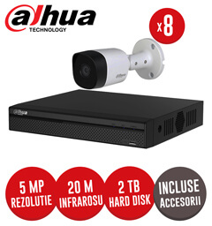 Kit complet DVR 8 canale 4K, 8 camere 5MP exterior, HDD 2TB si accesorii - Dahua KIT180