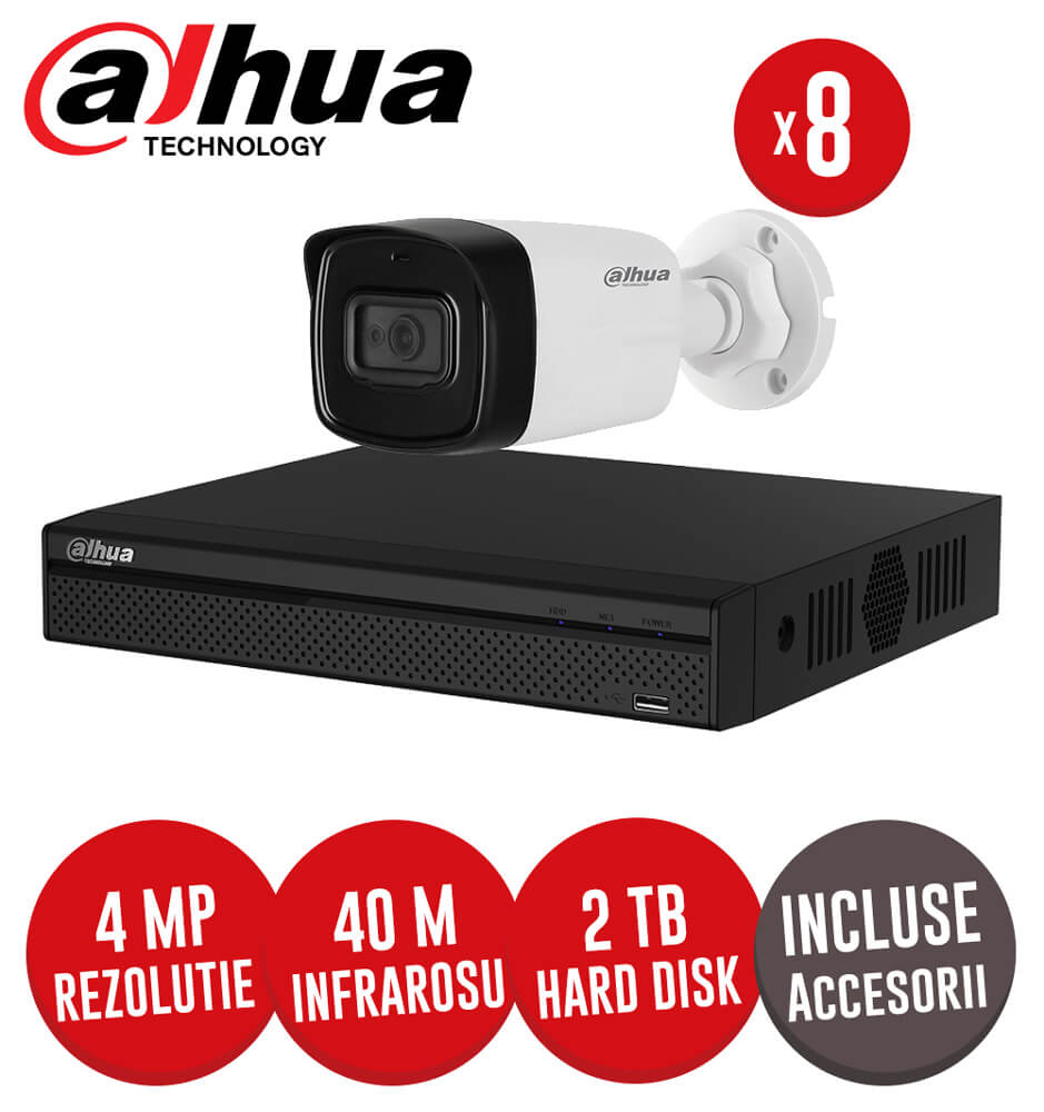 Sistem complet DVR 8 canale, 8 camere 4MP Dahua, exterior, incluse accesorii, cablu -  KIT181