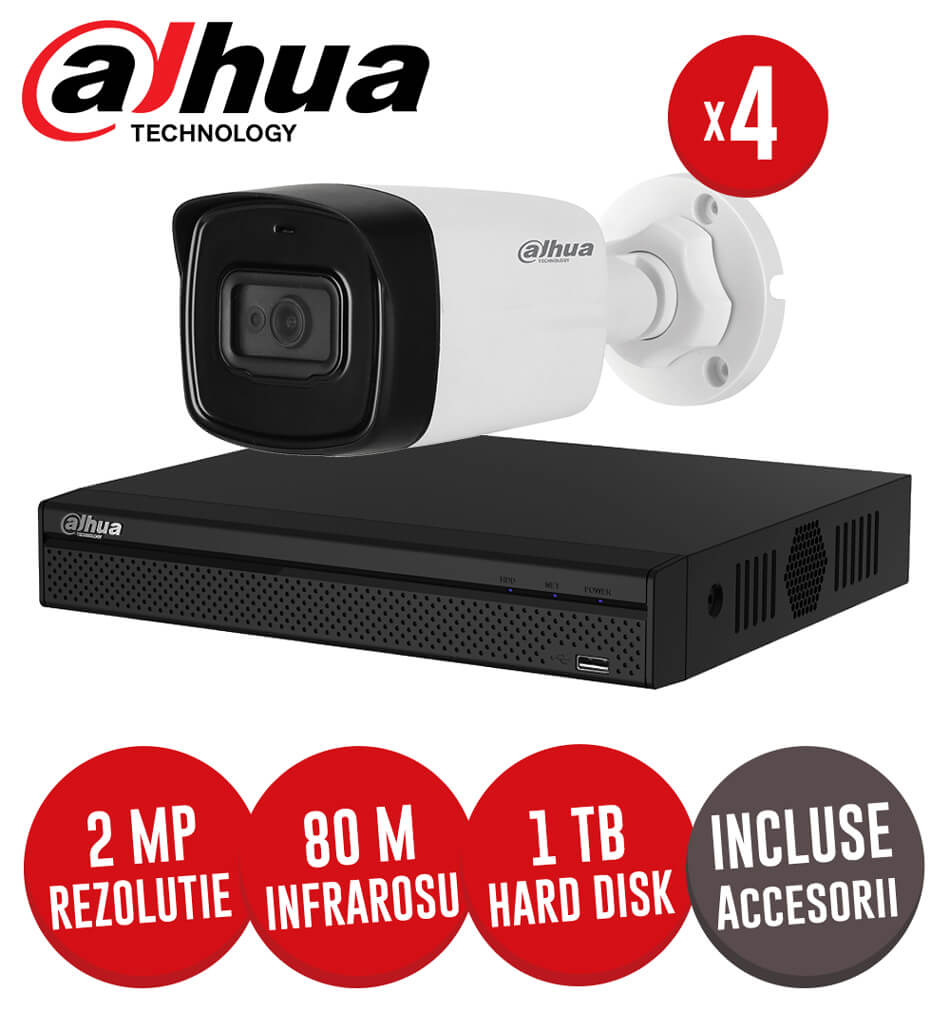 Sistem complet DVR 4 canale, 4 camere 2MP Starlight, IR 80m, accesorii, SMD+, cablu UTP - KIT186