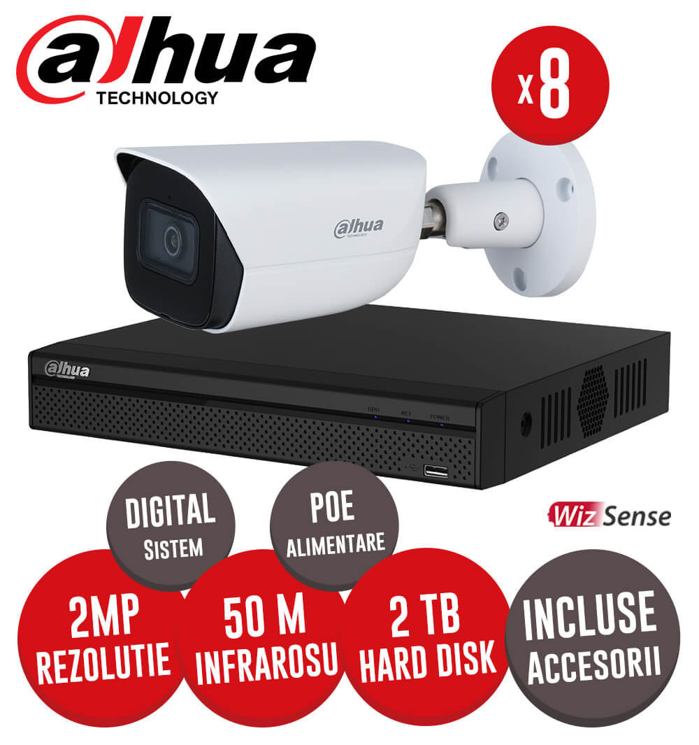 Sistem complet NVR 8 canale POE, 8 camere IP 2 Megapixeli, HDD, accesorii, cablu - KIT190