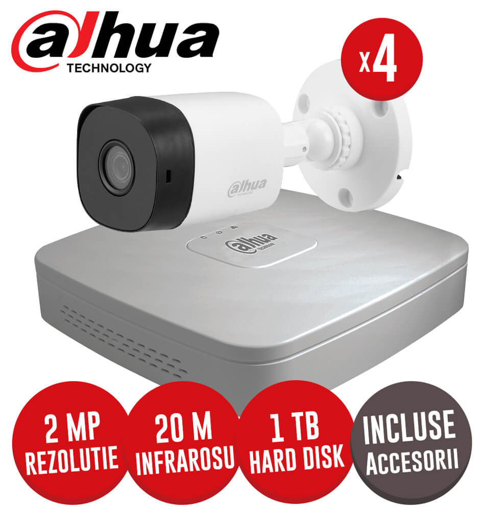 Sistem complet DVR 4 canale, 4 camere 2MP, exterior, include accesorii, cablu - KIT195