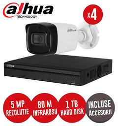 Sistem complet DVR 4 canale 4K, 4 camere 5MP, Microfon, IR 80m, SMD+, accesorii, coaxial - KIT368