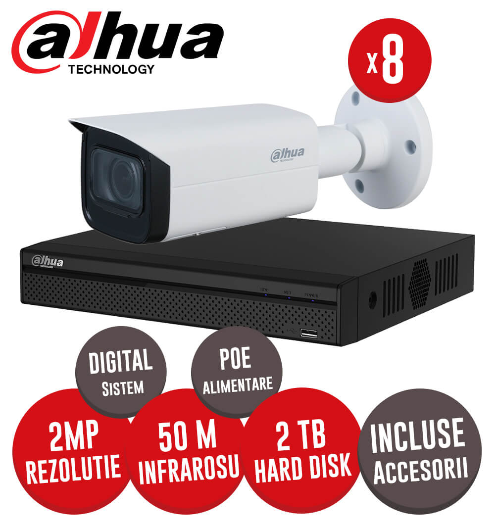 Sistem complet NVR 8 canale POE, 8 camere IP de 2 MP, Zoom Motorizat, HDD, accesorii - KIT204