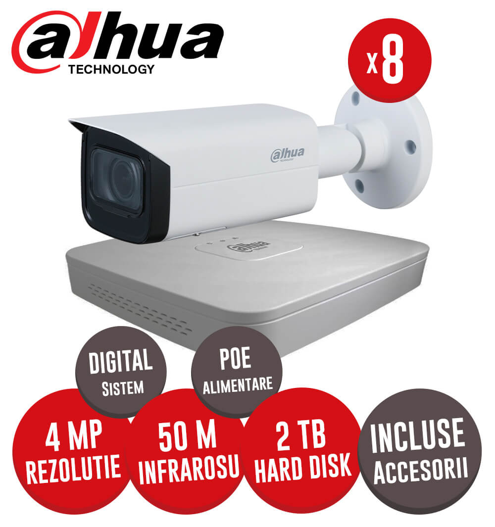 Sistem complet NVR 8 canale POE, 8 camere IP de 4 MP, Zoom Motorizat, HDD, accesorii, cablu - KIT205