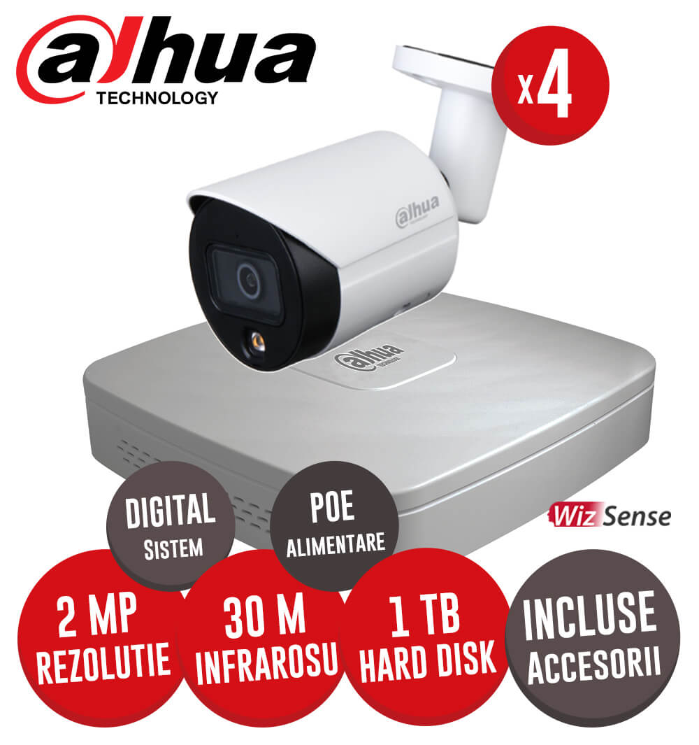 Sistem complet NVR 4 canale, 4 camere IP cu Picior 2 Megapixeli, HDD, accesorii, cablu -  KIT211