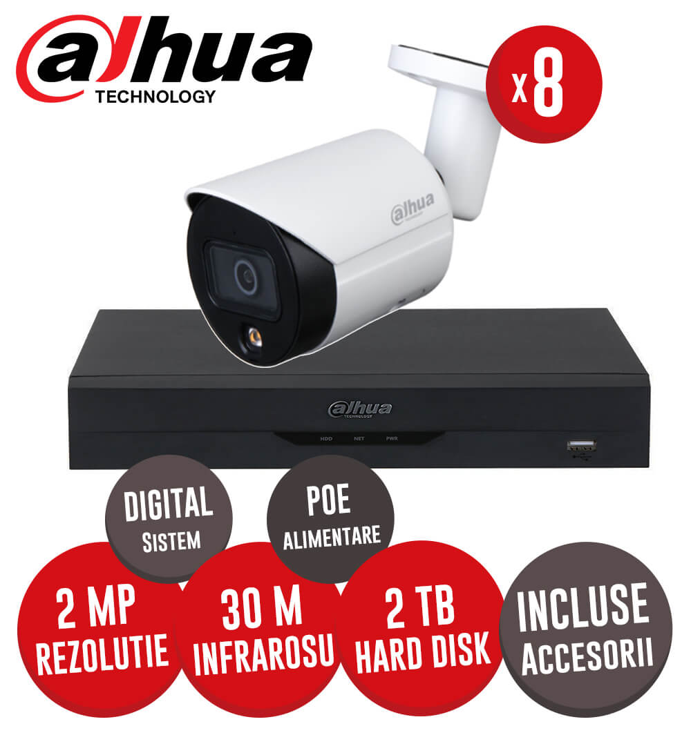 Sistem complet NVR 8 canale, 8 camere IP cu Picior 2 Megapixeli, HDD, accesorii, cablu -  KIT212