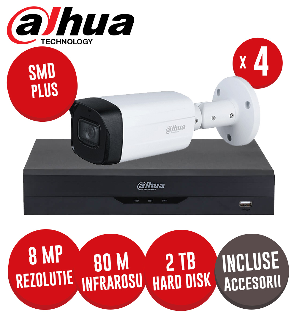 Sistem complet DVR 4 canale 8MP si 4 camere 8MP, IR 80m, SMD+, accesorii, UTP - KIT230