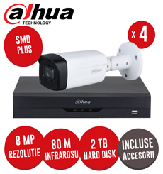 Sistem complet DVR 4 canale 8MP si 4 camere 8MP, IR 80m, SMD+, accesorii, UTP - KIT230