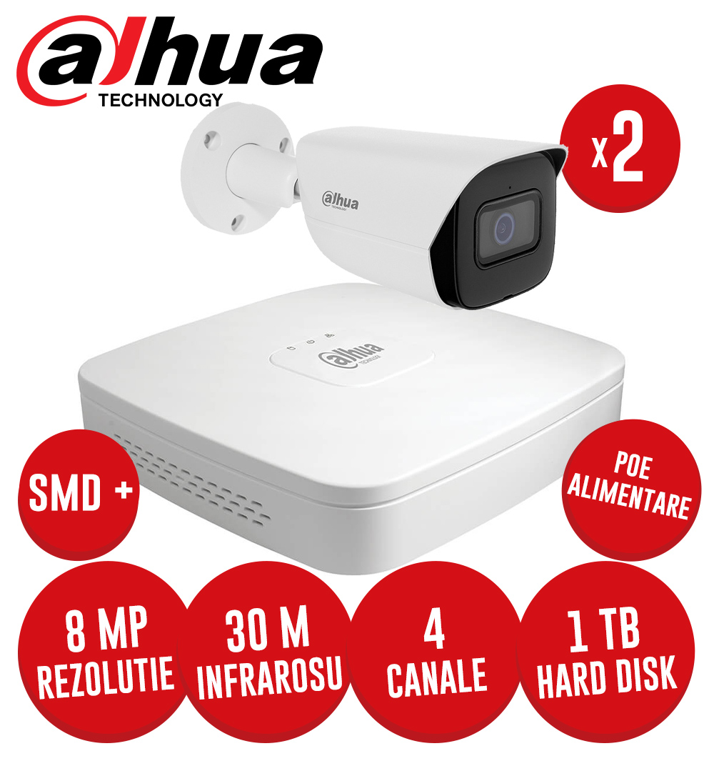 Sistem complet NVR 4 canale PoE, 2 camere IP 8 Megapixeli, HDD, accesorii, cablu, SMD+ -  KIT238