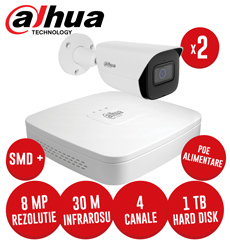Sistem complet NVR 4 canale PoE, 2 camere IP 8 Megapixeli, HDD, accesorii, cablu, SMD+ -  KIT238