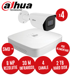 Sistem complet NVR 4 canale PoE, 4 camere IP 8 Megapixeli, HDD, accesorii, cablu, SMD+ -  KIT239
