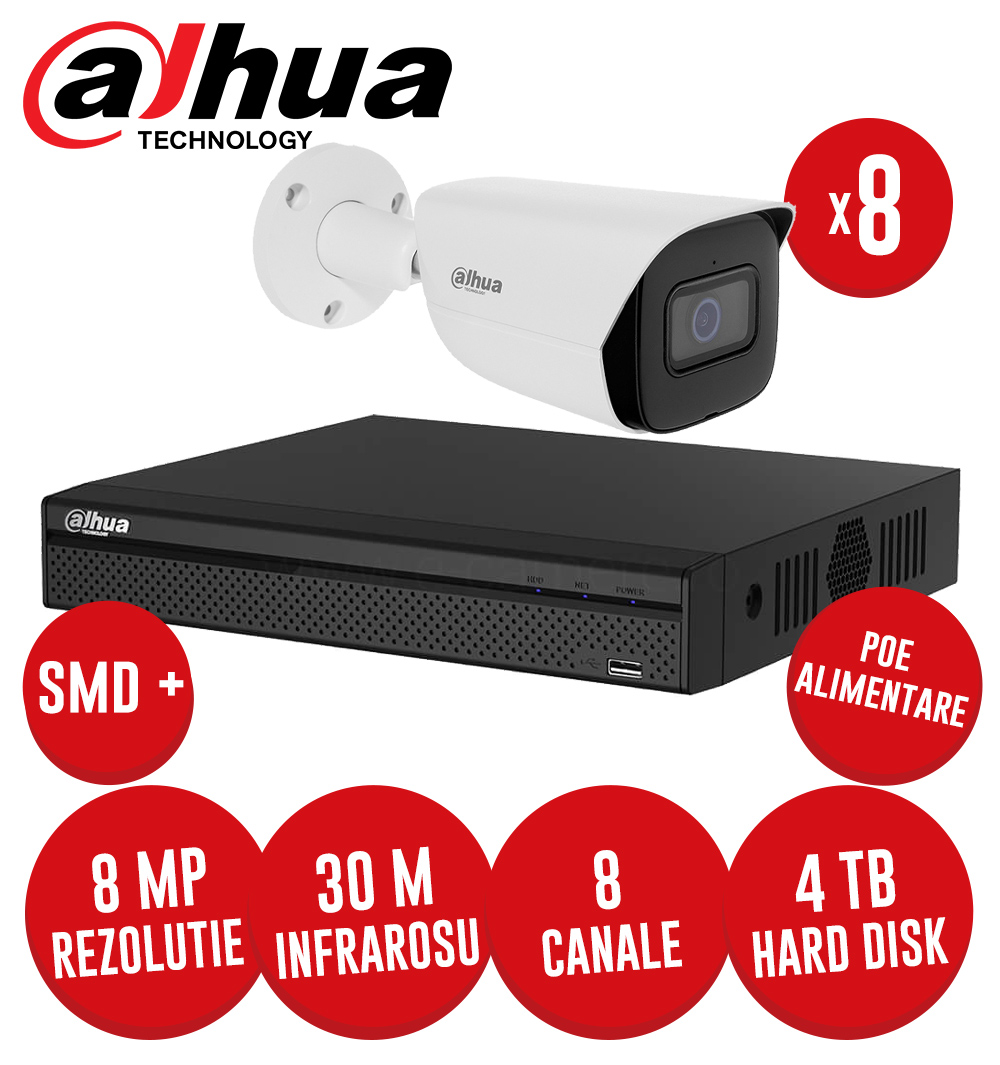 Sistem complet NVR 8 canale PoE, 8 camere IP 8 Megapixeli, HDD, accesorii, cablu -  KIT240