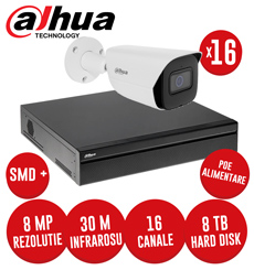 Sistem complet NVR 16 canale PoE, 16 camere IP 8 MP, HDDx8TB, accesorii, cablu, SMD+ -  KIT241